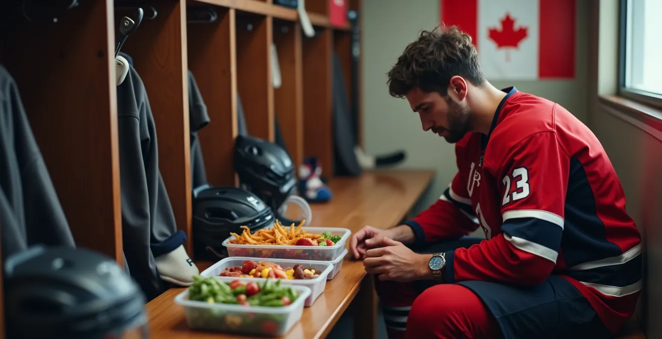 Joueur de hockey avec équipement et plateau repas équilibré dans vestiaire