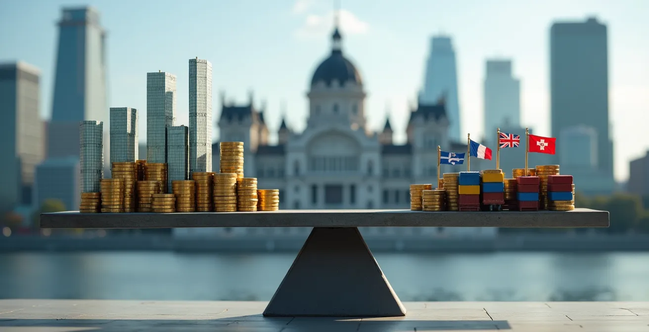 Balance symbolique équilibrant des sièges sociaux québécois d'un côté et des symboles de compétitivité mondiale de l'autre