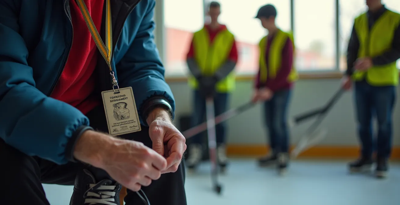 Bénévoles préparant la glace et organisant un tournoi de hockey dans un aréna québécois