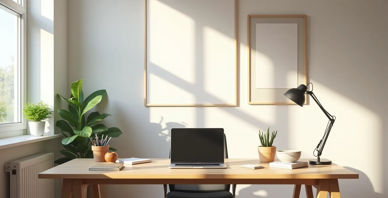 Bureau à domicile moderne et organisé avec lumière naturelle