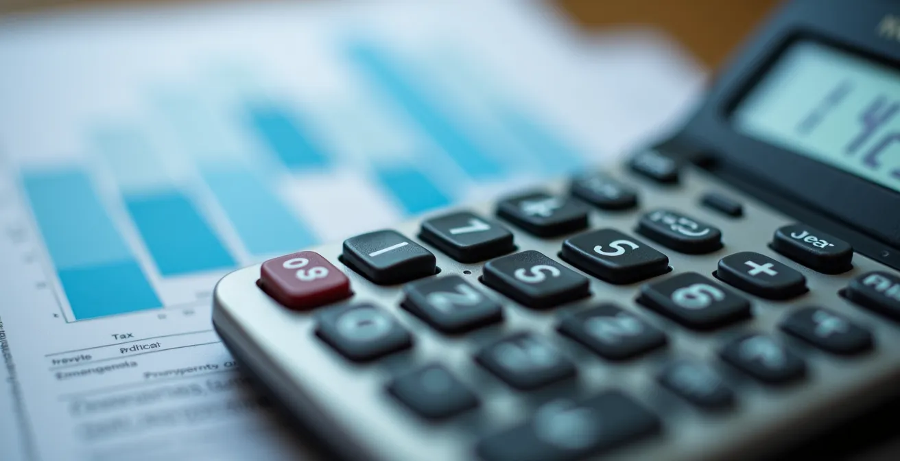 Calculatrice professionnelle sur bureau avec documents fiscaux flous en arrière-plan