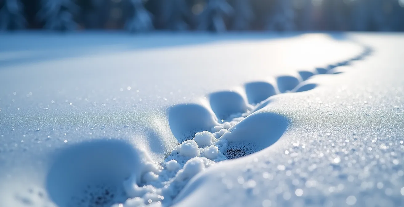 Vue macro d'empreintes de caribou dans la neige fraîche avec texture détaillée