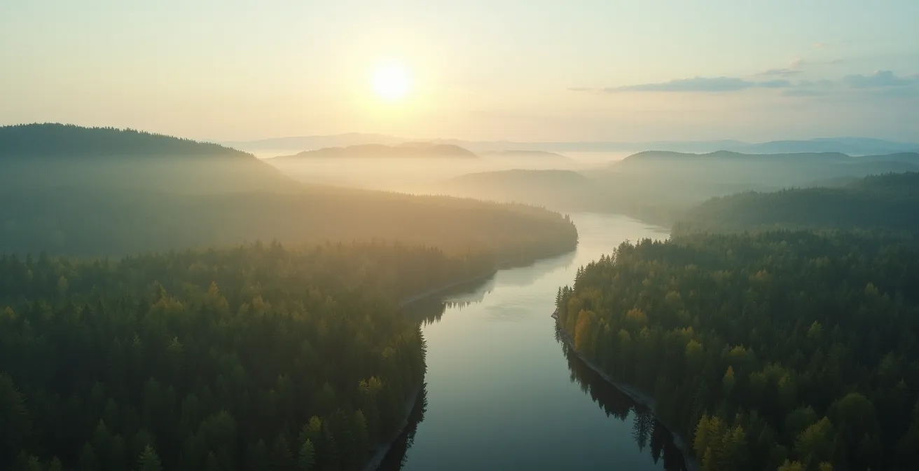 Vue aérienne stylisée des régions du Québec avec leurs matériaux artisanaux caractéristiques