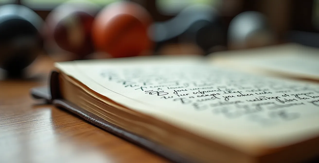 Journal de bord ouvert avec notes manuscrites floues sur un bureau en bois canadien