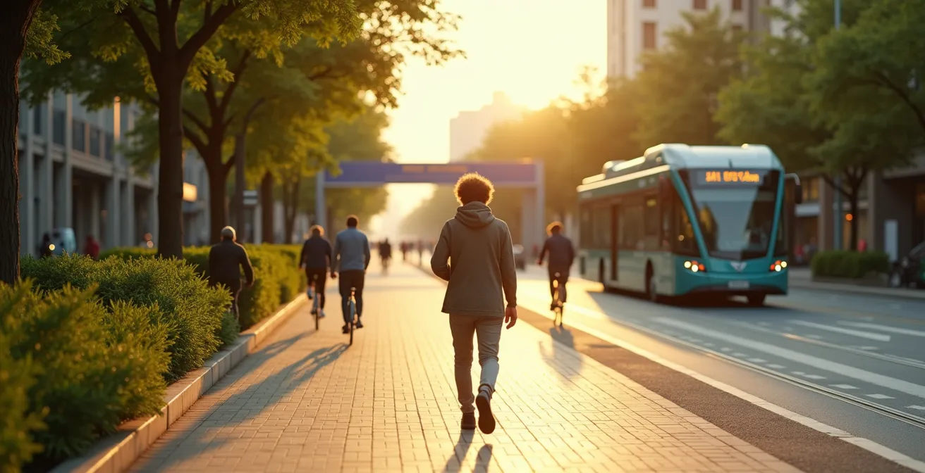 Personne marchant dans une rue urbaine verdoyante avec piste cyclable et transport en commun au loin