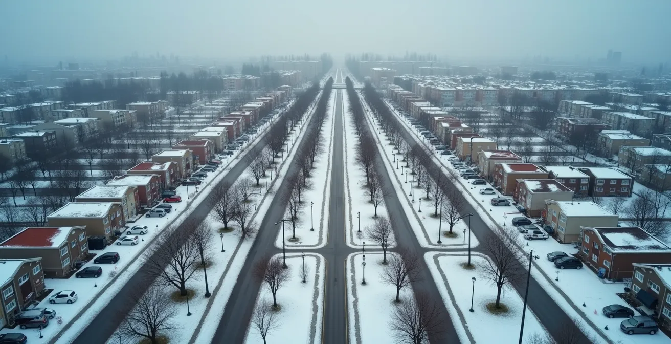Contraste visuel entre modes de vie urbain et banlieusard au Québec