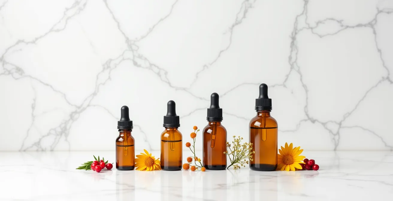 Vue minimaliste de flacons d'huiles végétales québécoises disposés sur fond blanc avec plantes correspondantes