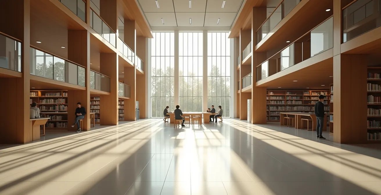 Métaphore visuelle des compétences fondamentales avec une bibliothèque moderne québécoise baignée de lumière naturelle.