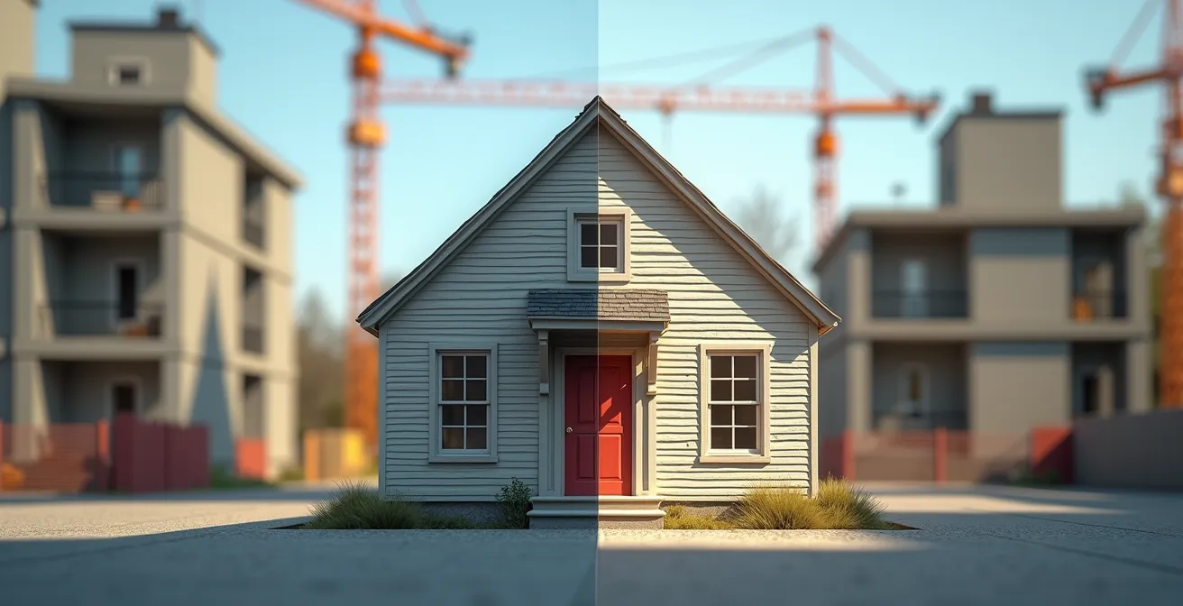 Contraste saisissant entre une maison ancestrale québécoise et des grues de construction moderne en arrière-plan