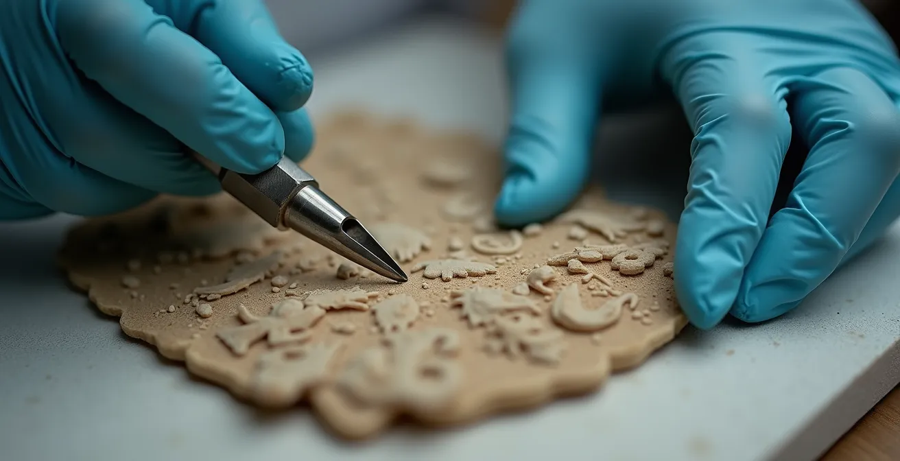 Gros plan extrême sur des mains avec gants blancs manipulant délicatement un artefact historique