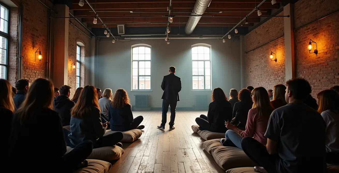 Un conteur québécois contemporain performant dans un espace urbain avec un public diversifié