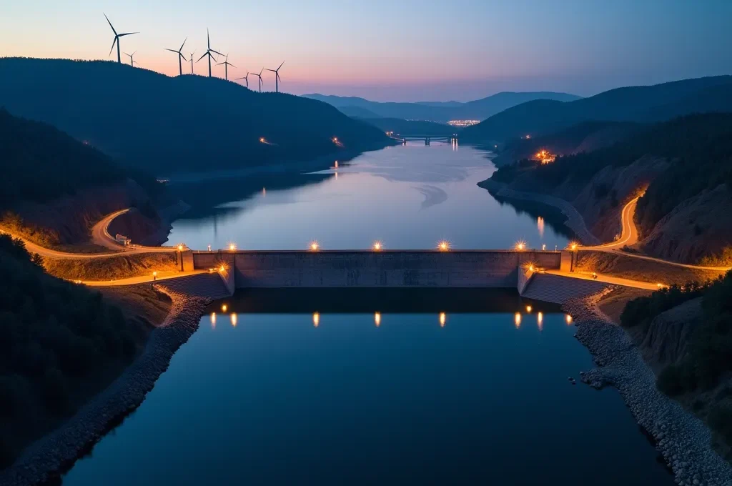 Vue aérienne d'un réservoir hydroélectrique québécois avec parc éolien sur les collines environnantes