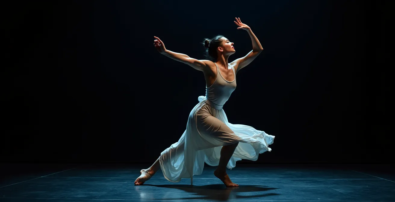 Danseur contemporain en plein mouvement sur scène avec éclairage dramatique