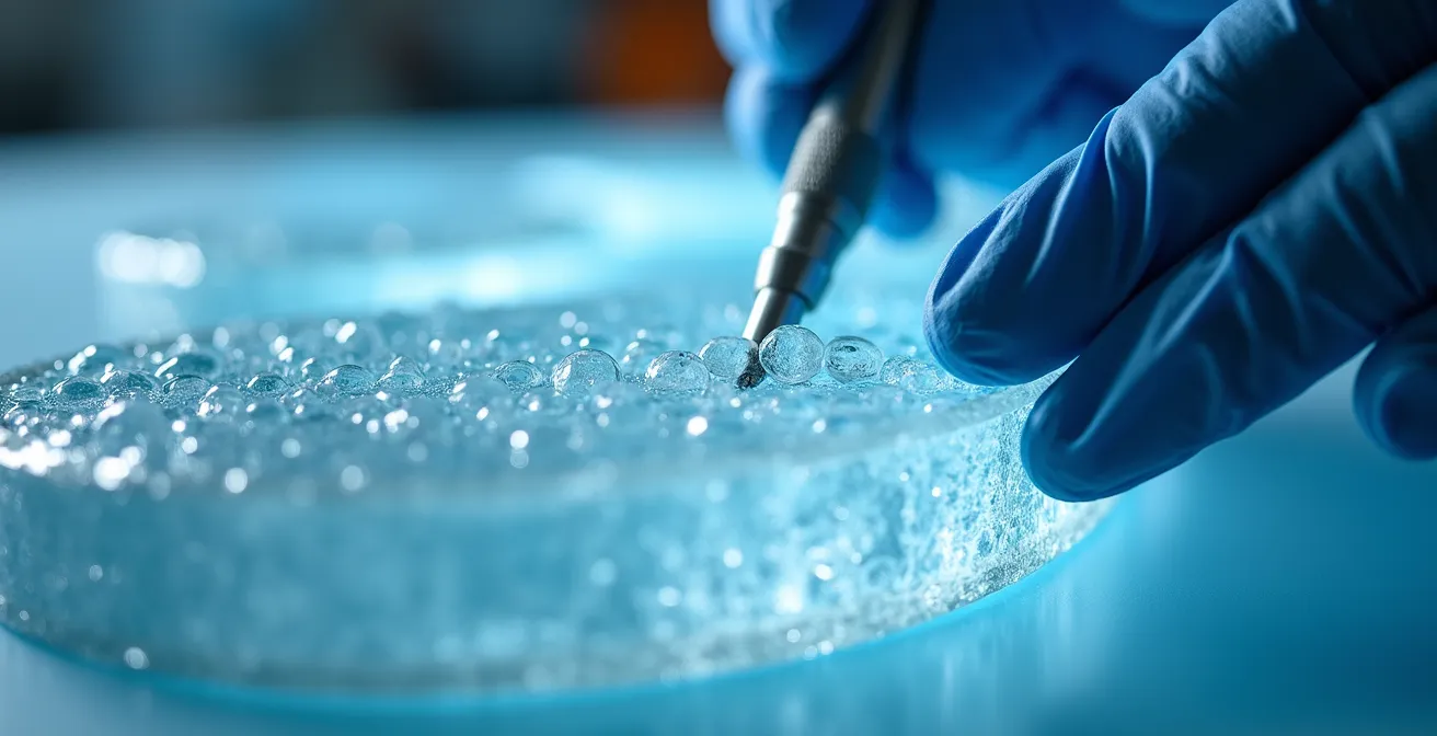 Gros plan sur des mains manipulant des échantillons de carottes glaciaires dans un laboratoire arctique