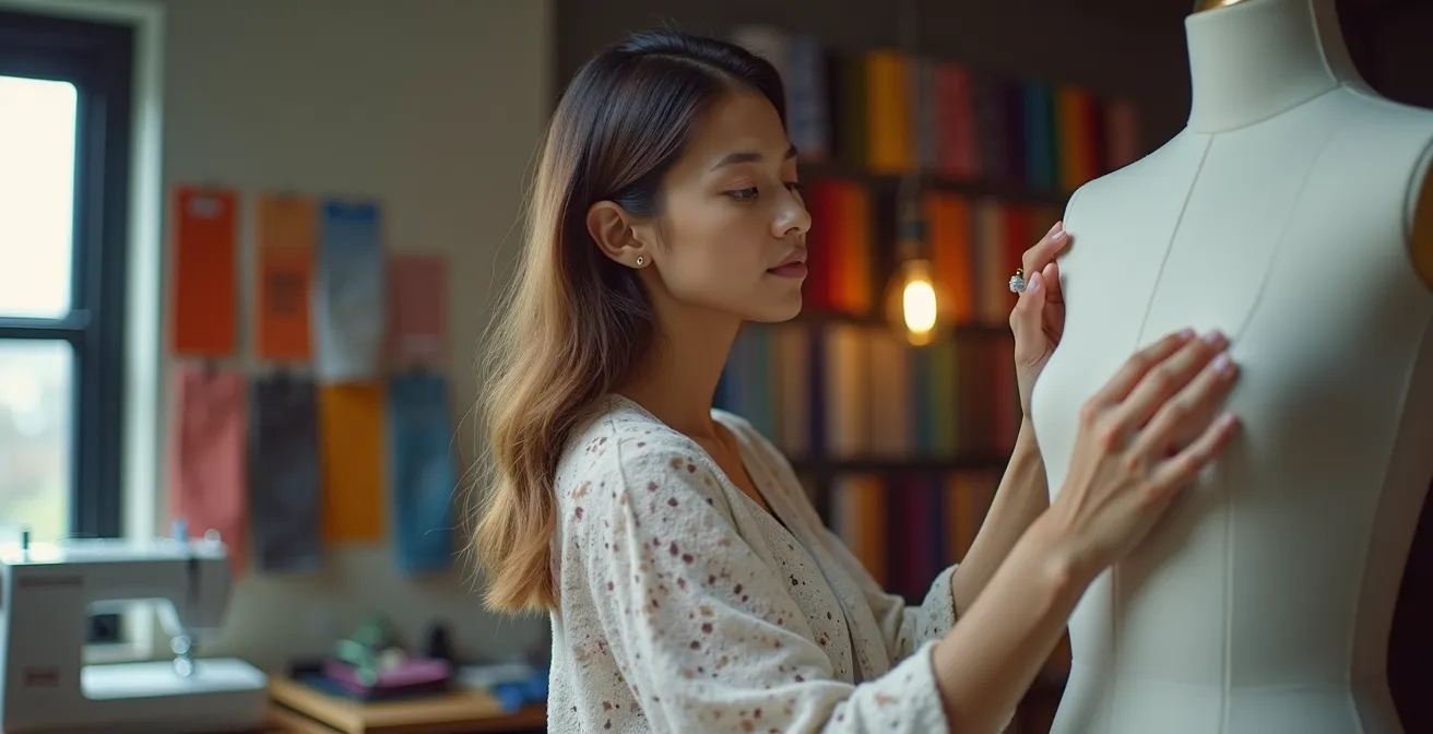 Portrait d'un créateur de mode québécois dans son atelier entouré de tissus et créations en cours