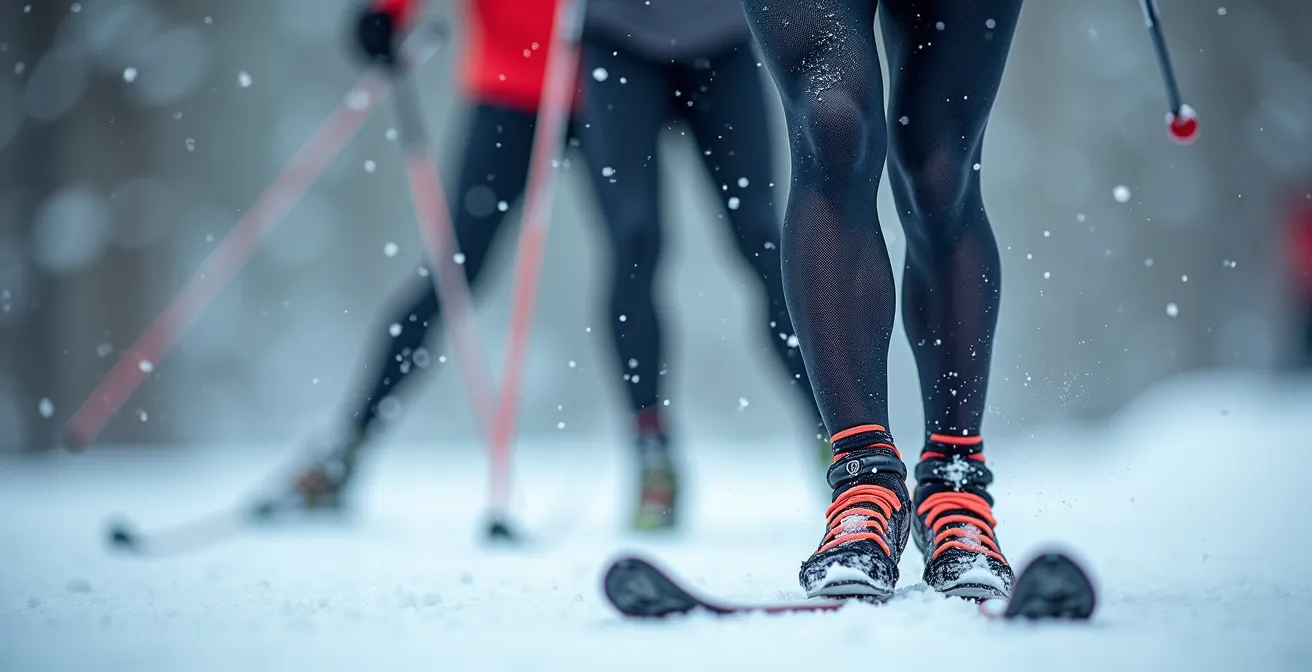 Athlète pratiquant le ski de fond dans un paysage hivernal québécois pour développer son endurance aérobie