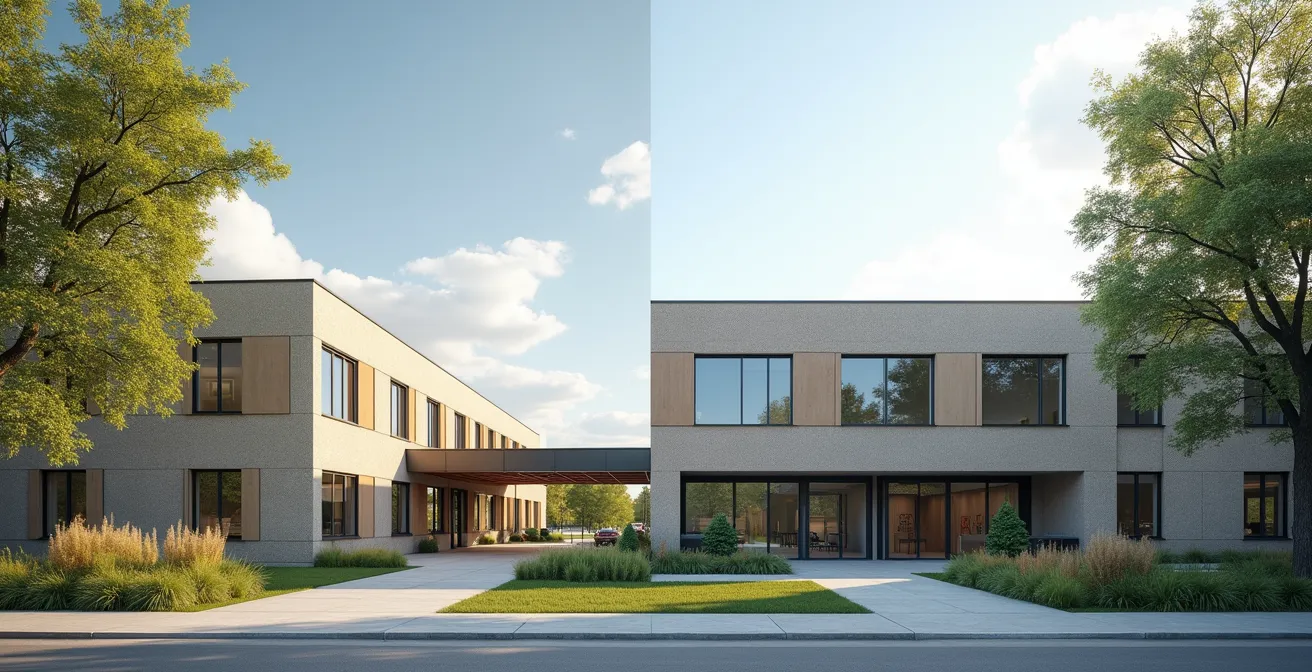 Deux bâtiments scolaires québécois côte à côte représentant les systèmes public et privé