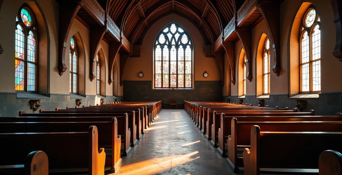 Intérieur d'une église historique québécoise montrant les voûtes en bois et les vitraux colorés avec des bancs vides