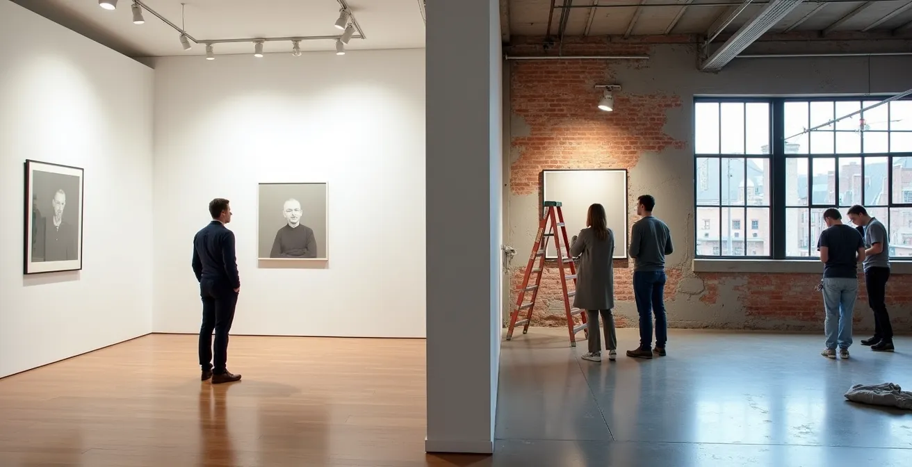 Vue intérieure contrastée d'espaces d'art : galerie commerciale épurée versus centre d'artistes expérimental