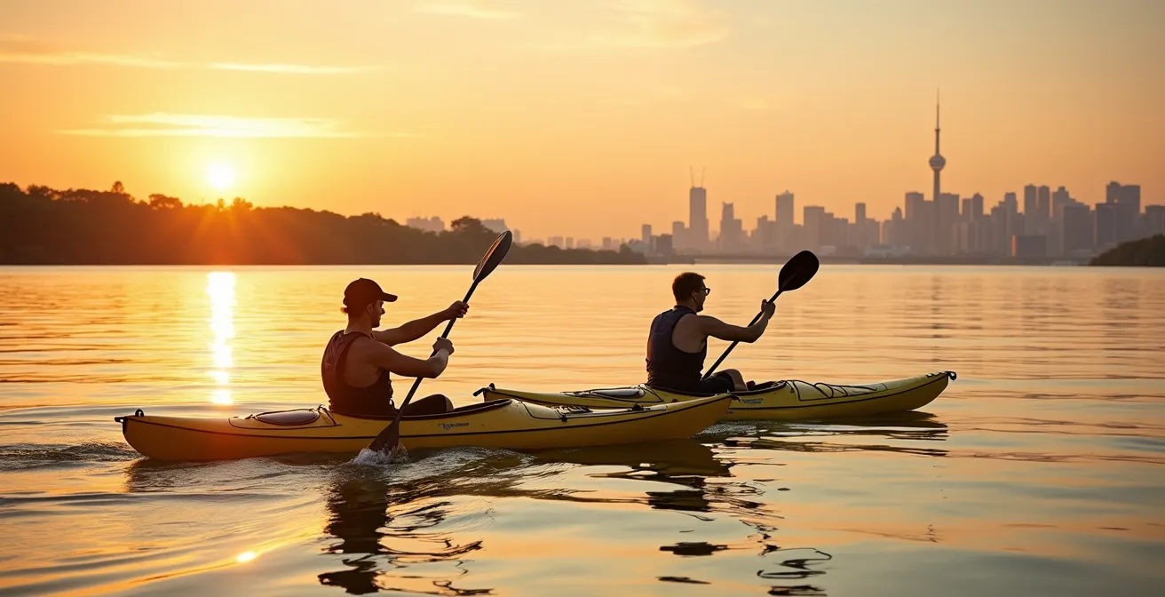 Kayakistes sur le fleuve Saint-Laurent au coucher du soleil avec la skyline de Montréal en arrière-plan