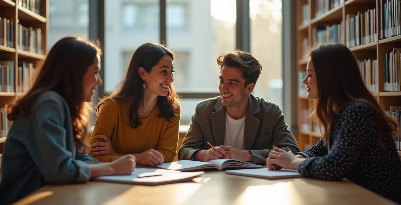 Étudiants dans une bibliothèque universitaire moderne au Québec