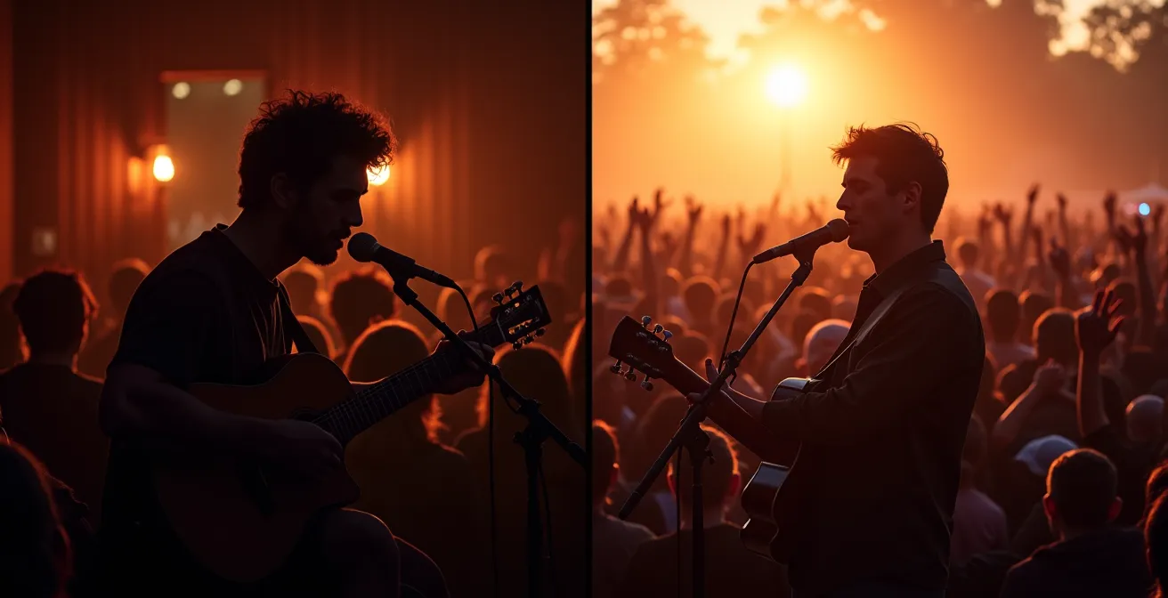 Comparaison visuelle entre un concert intime et un grand festival au Québec