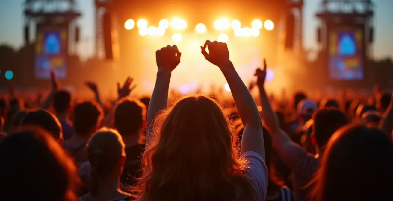 Vue aérienne d'un festival de musique québécois avec scène et foule en soirée