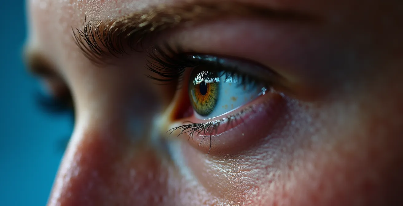 Gros plan sur l'œil d'un athlète, reflétant les lumières d'une aréna, montrant une concentration intense avant une compétition.