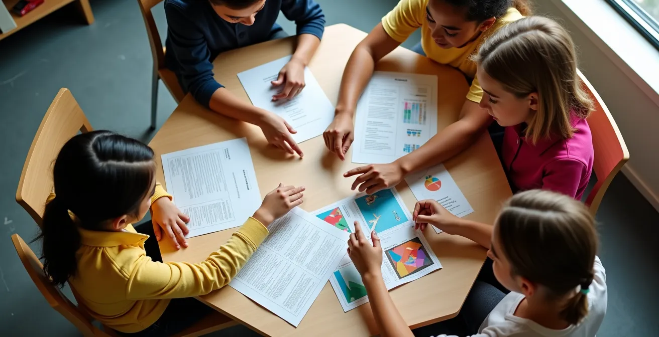 Vue aérienne d'élèves québécois travaillant en îlots de quatre autour de tables modulaires colorées