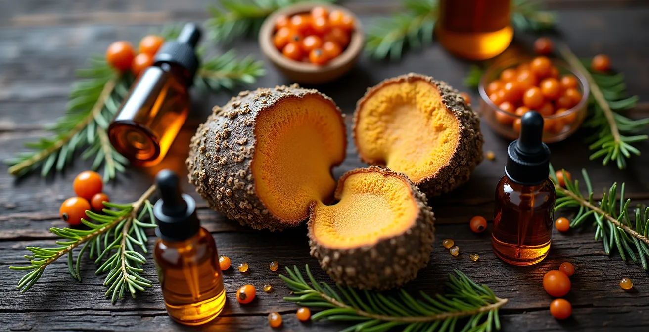 Arrangement artistique d'ingrédients naturels québécois sur une table en bois avec champignon chaga, branches de sapin et huiles essentielles