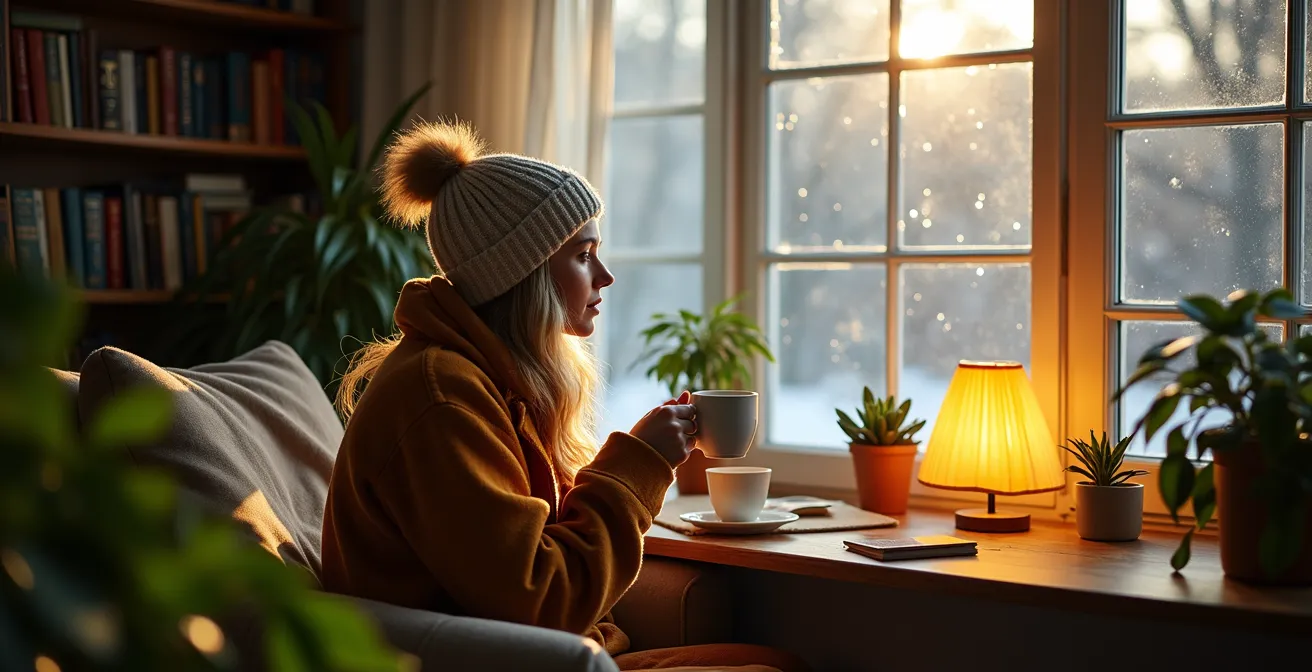 Intérieur chaleureux québécois avec lampe de luminothérapie et plantes vertes près d'une fenêtre enneigée