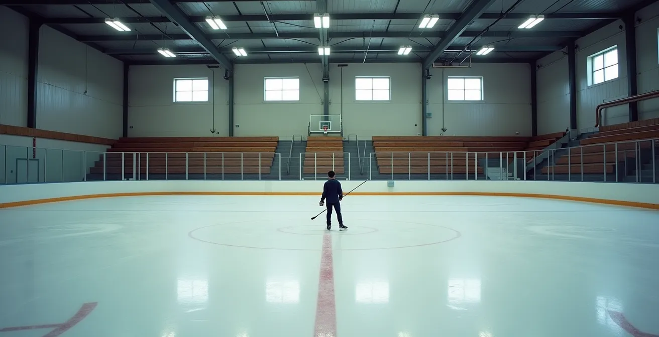 Jeune athlète s'entraînant dans un aréna local typiquement québécois avec équipement modeste
