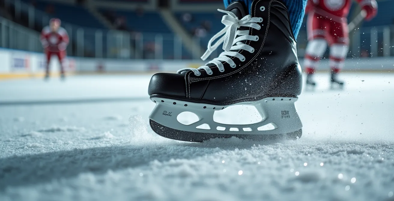 Détail macro d'un patin de hockey sur la glace lors d'un entraînement