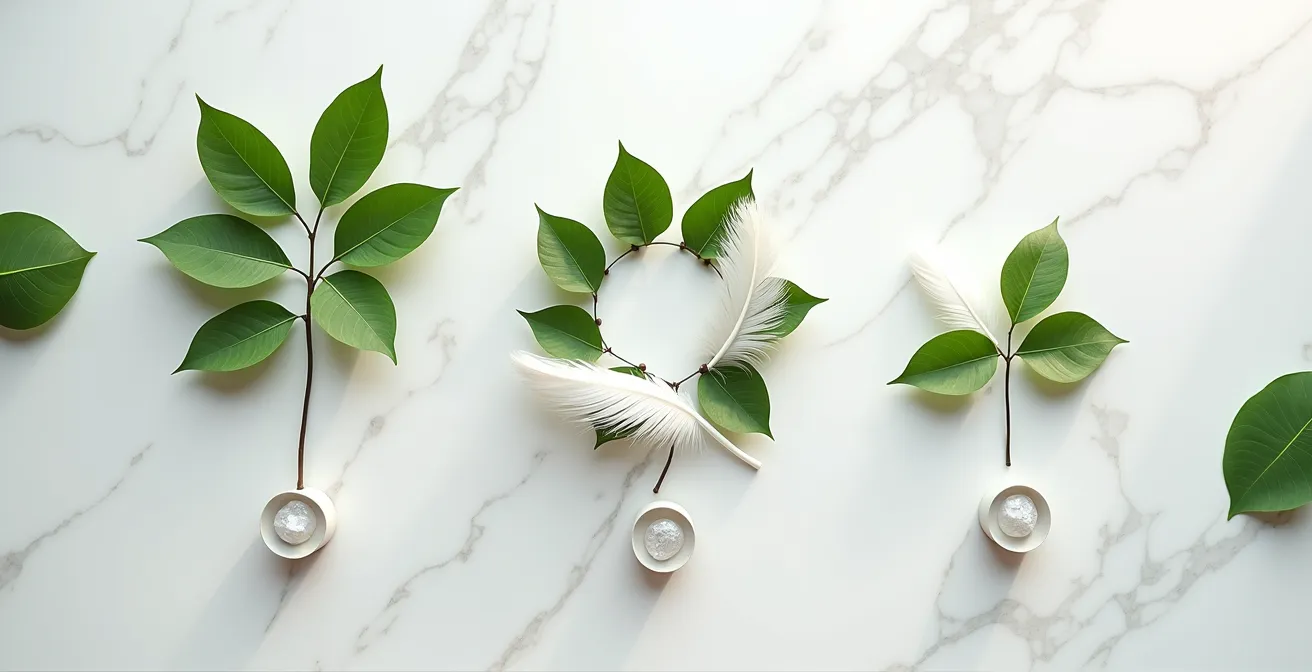 Composition artistique de différents logos de certification cosmétique sur fond naturel