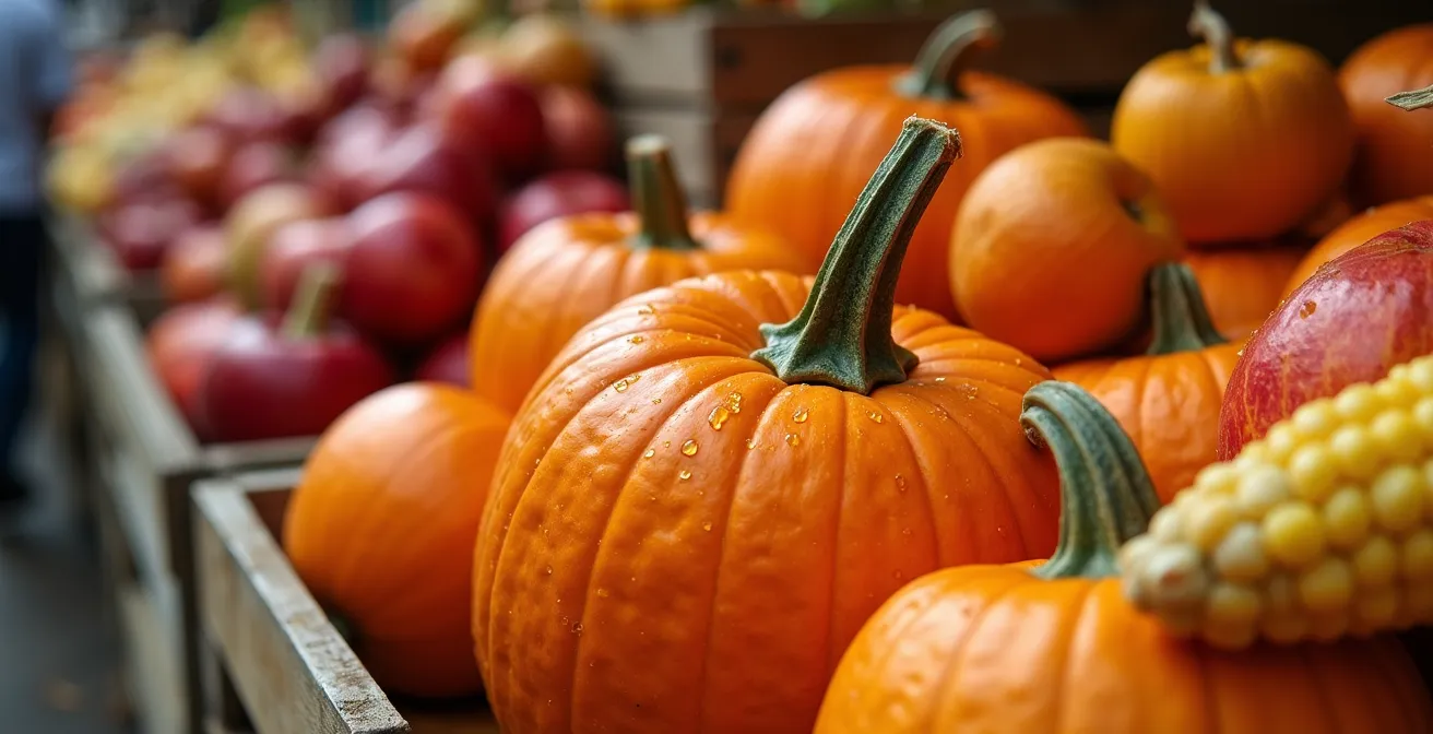Étal coloré du marché Jean-Talon avec courges, pommes et produits d'automne québécois