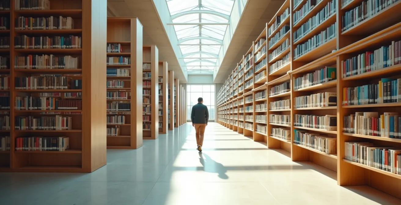 Représentation visuelle métaphorique des cinq étapes d'apprentissage autodidacte avec des éléments architecturaux inspirés de la Grande Bibliothèque de Montréal