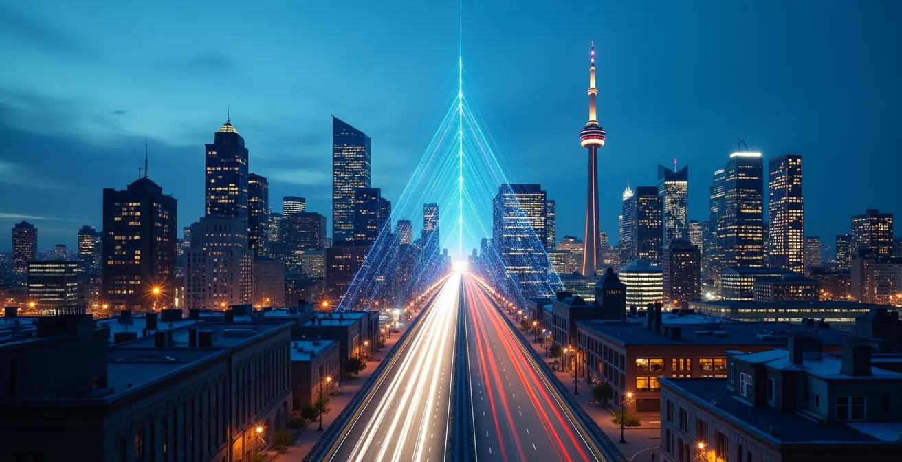 Vue aérienne comparative symbolique des écosystèmes d'innovation de Montréal et Toronto