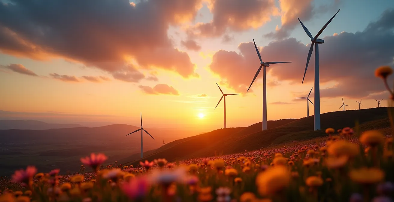 Éoliennes modernes sur les crêtes montagneuses de la Gaspésie au coucher du soleil