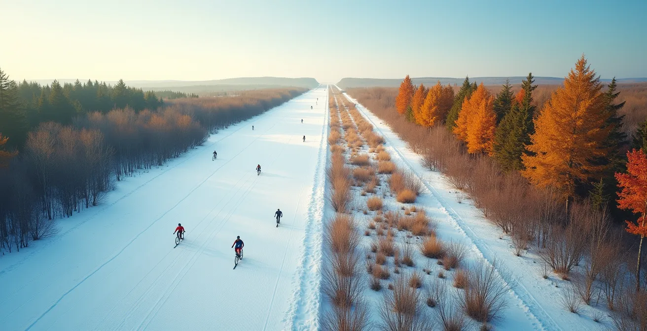 Vue aérienne montrant les quatre saisons au Québec représentées en quadrants avec différentes activités sportives