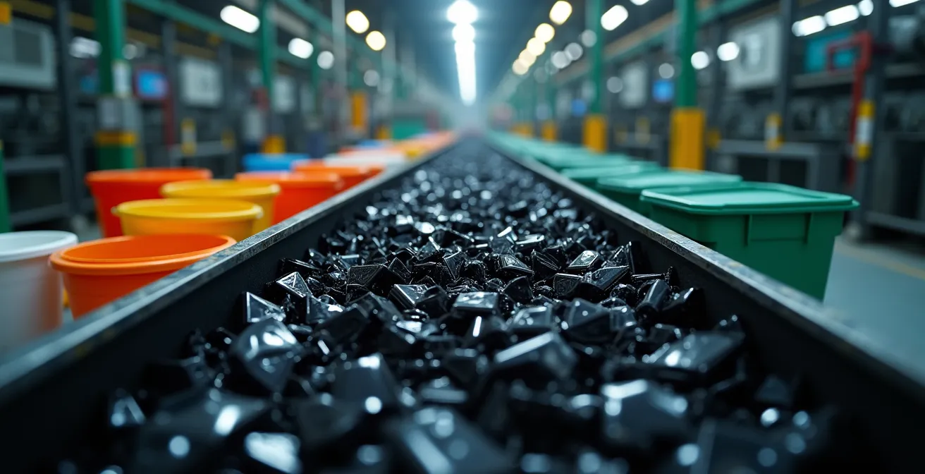 Convoyeur de centre de tri avec plastiques noirs contrastant avec contenants colorés détectables