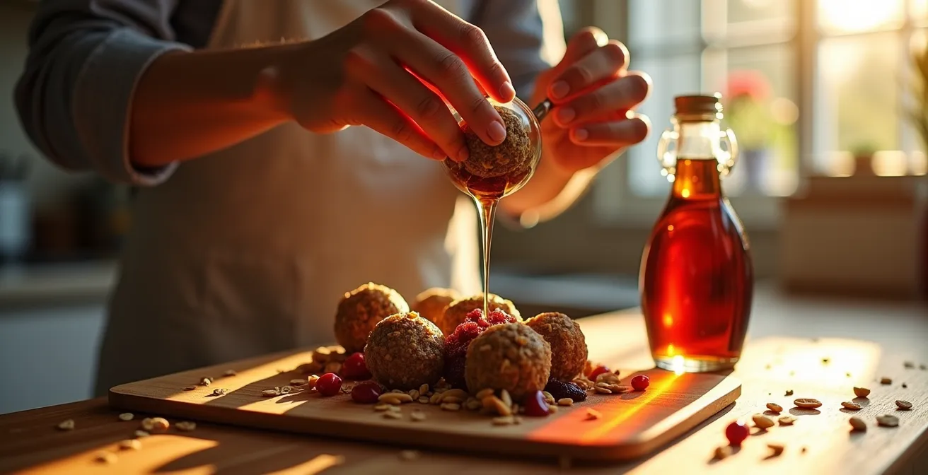 Mains préparant une collation énergétique avec sirop d'érable dans une cuisine lumineuse