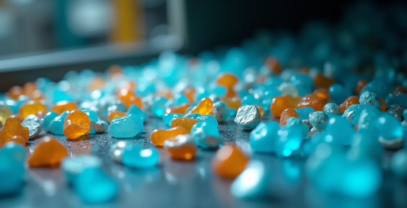 Gros plan macro sur les capteurs optiques d'une machine de tri analysant des contenants colorés en mouvement