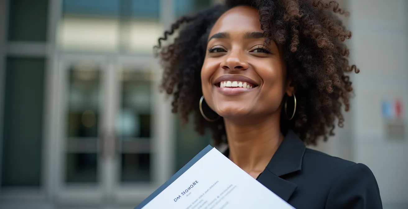Professionnel immigrant tenant son diplôme devant les bureaux du MIFI à Montréal
