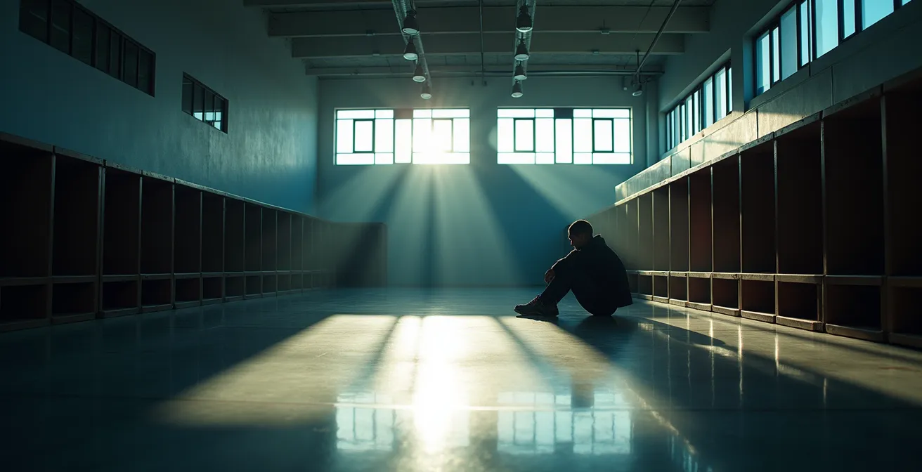 Athlète seul dans un vestiaire après une défaite, tête baissée mais posture déterminée