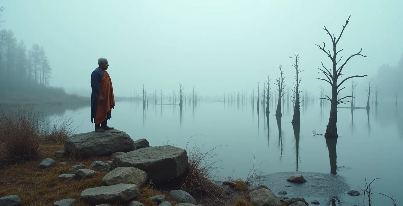 Troncs d'arbres émergeant d'un vaste réservoir hydroélectrique dans la forêt boréale
