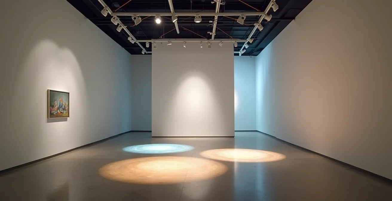 Salle d'exposition avec éclairage dramatique créant des jeux d'ombres sur les œuvres