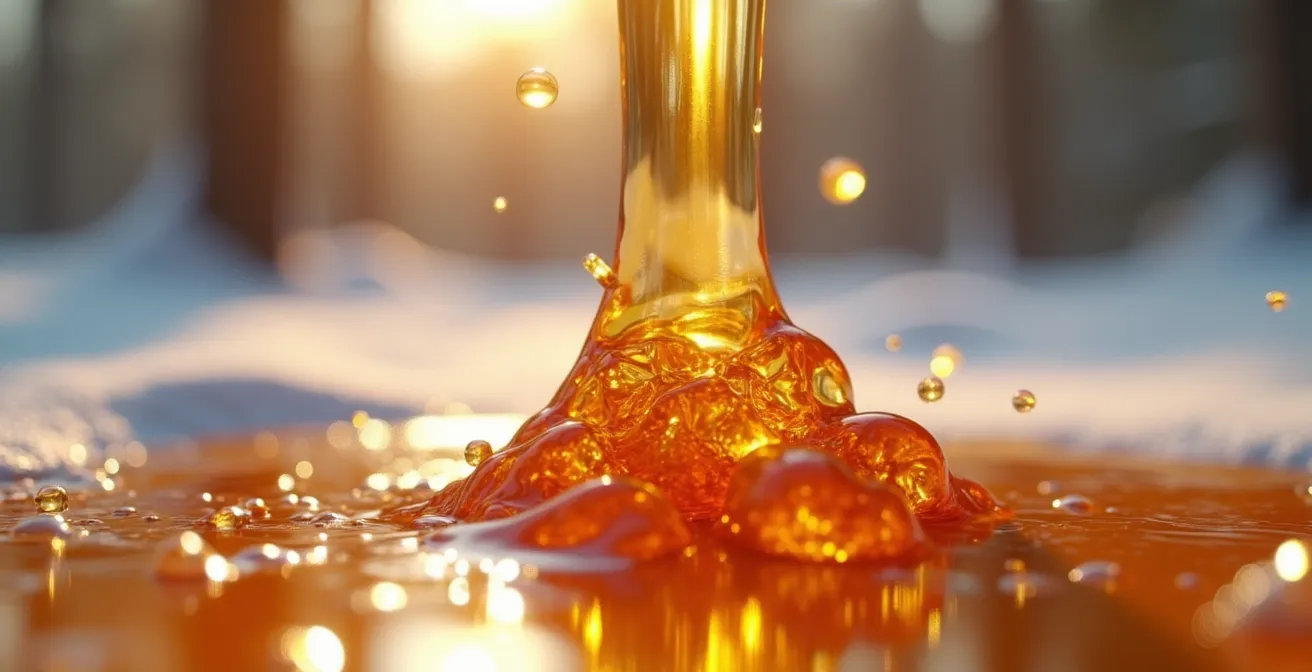 Composition macro détaillée de sirop d'érable doré avec textures cristallines naturelles