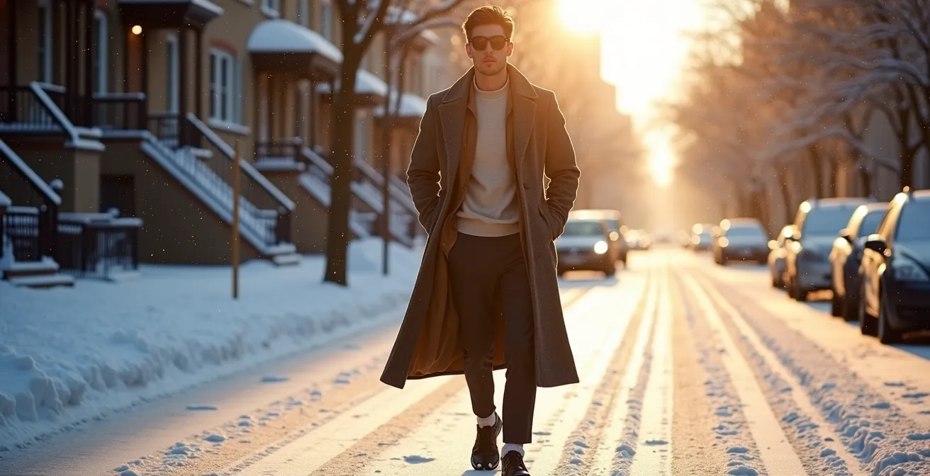 Silhouette urbaine hivernale avec superposition de vêtements techniques québécois dans un décor enneigé de Montréal