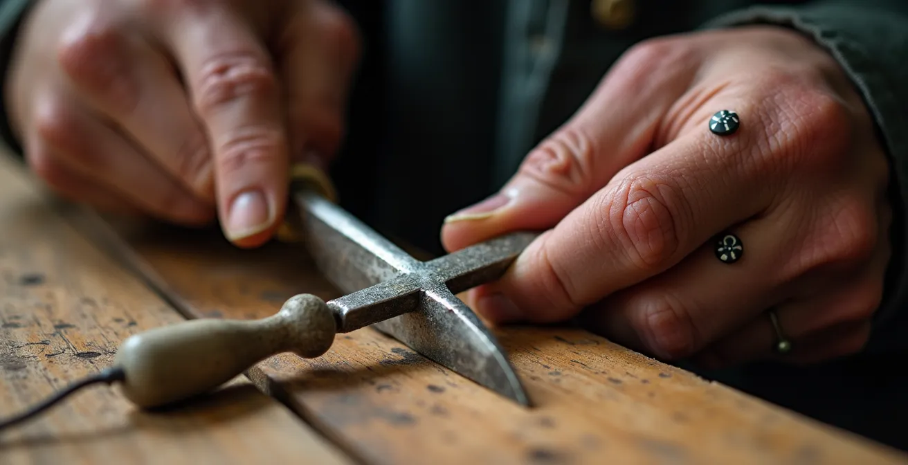 Gros plan sur des mains manipulant un outil traditionnel québécois avec capteurs de mouvement