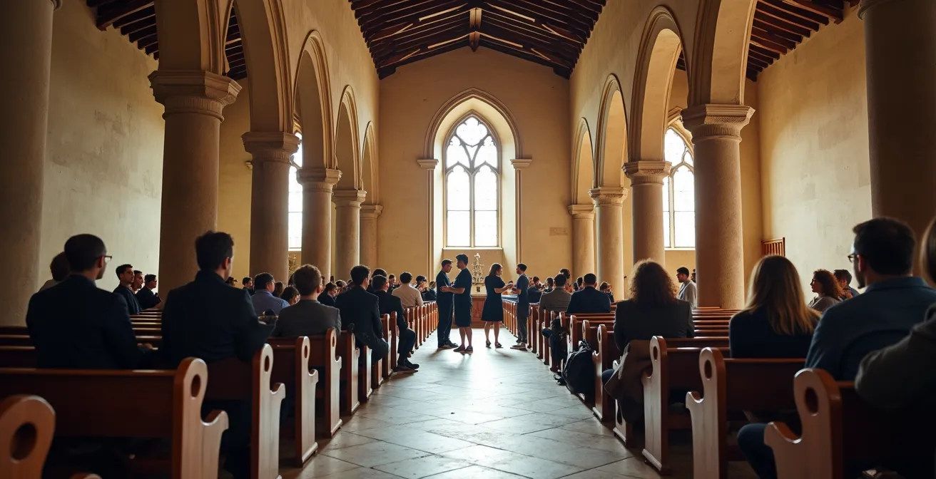 Vue intérieure d'une ancienne église transformée en espace culturel avec des éléments architecturaux préservés
